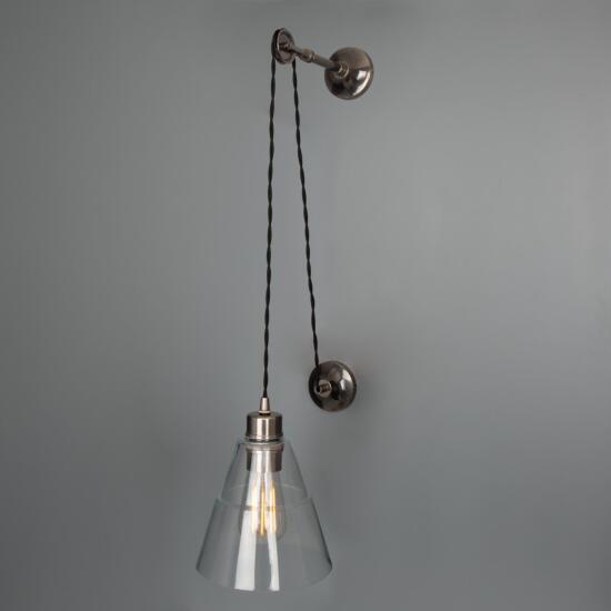 Rigale Industrial Pulley Wall Light with Stepped Glass Lamp Shade, Antique Silver