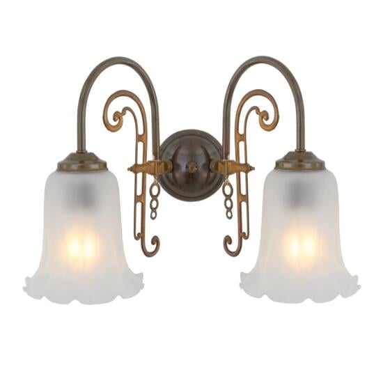 Medan Two-Arm Wall Light with Etched Glass Shades, Antique Brass