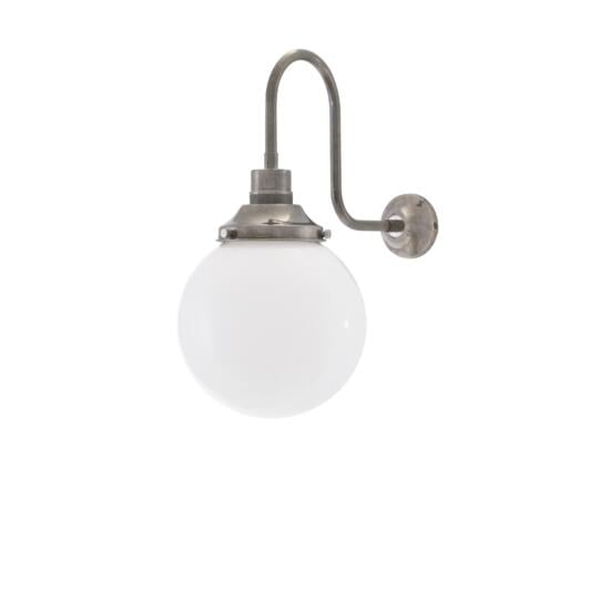 Yerevan Opal Glass Globe Swan Neck Wall Sconce 20cm, Antique Silver