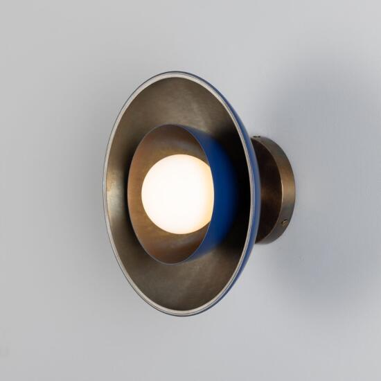 Marrakesh Art Deco Wall Light 9.8", Antique Brass and Powder-Coated Sapphire Blue