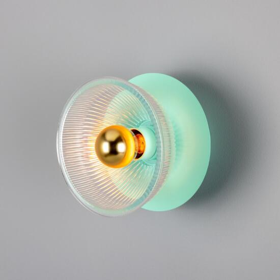 Eclipse Coloured Brass and Holophane Glass Dish Wall Light, Mint Turquoise