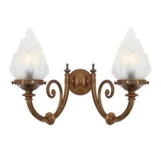 Darwin Two-Arm Wall Sconce with Flame Glass Shades, Antique Brass
