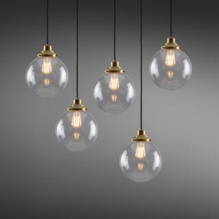 Riad Clear Globe Pendant Cluster, Five Light, Satin Brass