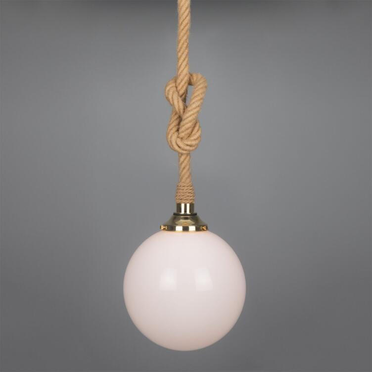 Azores Jute Rope Pendant Light with Opal Glass Globe 30cm IP44, Polished Brass