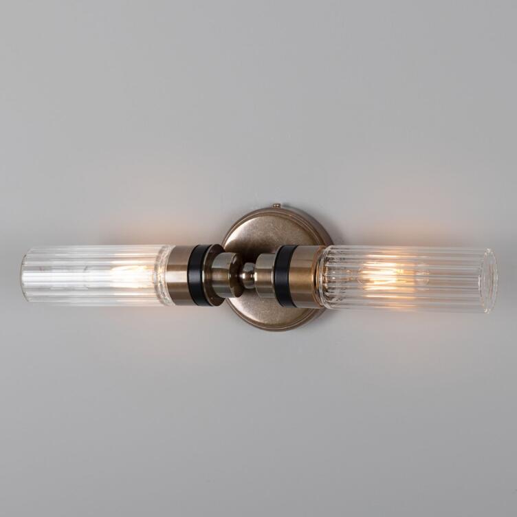 Severn Double Prismatic Tube Glass Bathroom Wall Light IP65, Antique Brass