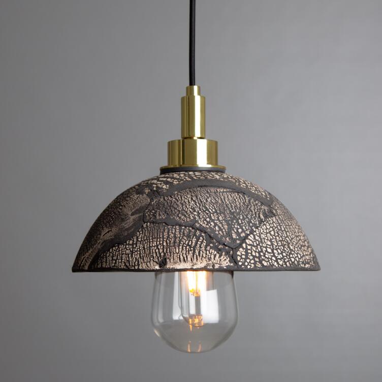 Kingii Ceramic Dome Bathroom Pendant Light 20cm, Black Clay, Polished Brass