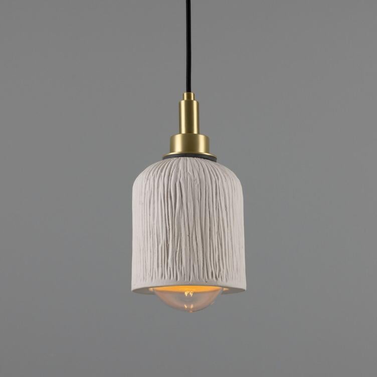 Osier Organic Ceramic Bathroom Pendant Light 4.5", Matte White Striped IP44, Satin Brass