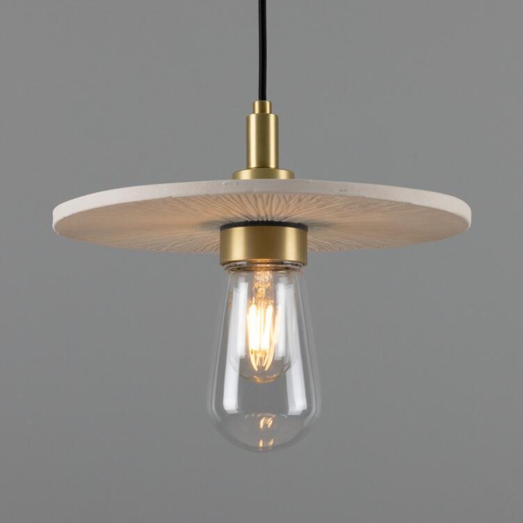 Bog Oak Organic Ceramic Disc Bathroom Pendant Light 11", Matte White Striped IP44, Satin Brass