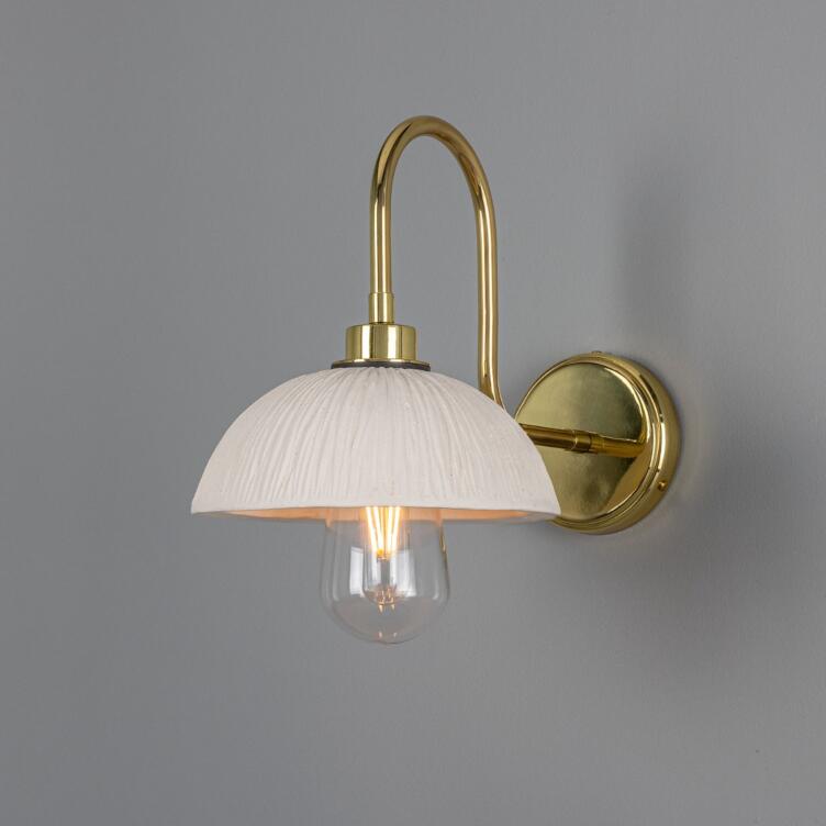 Kauri Organic Ceramic Dome Bathroom Wall Light, Matte White Striped IP44, Polished Brass