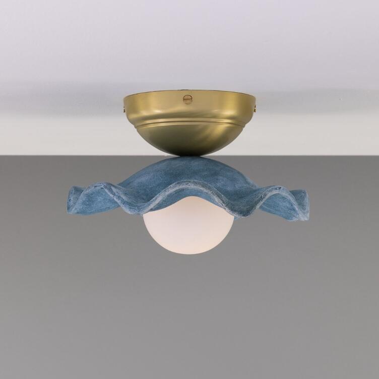 Rivale Ceiling Light with Wavy Ceramic Shade, Blue Earth, Satin Brass