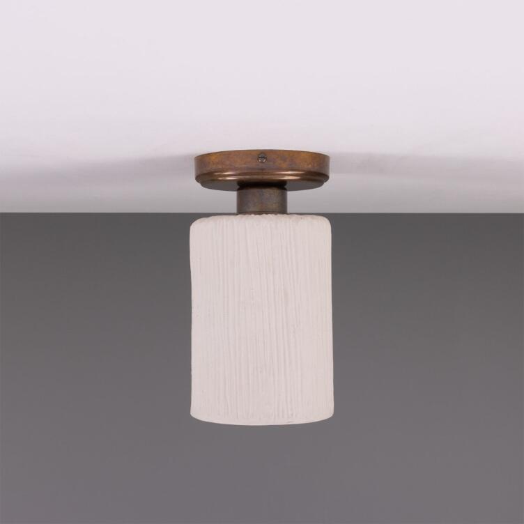 Senna Organic Ceramic Ceiling Light 11.5cm, Matte White Striped, Antique Brass