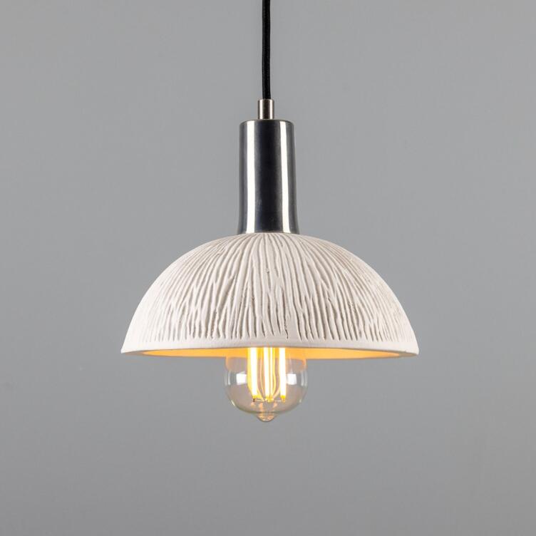 Kauri Organic Ceramic Dome Pendant Light 7.9", Matte White Striped, Antique Silver