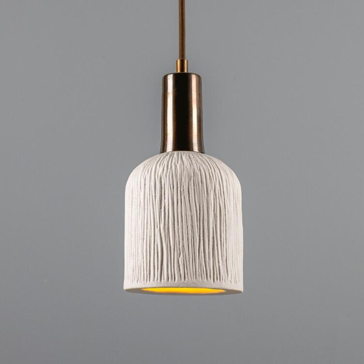 Osier Organic Ceramic Pendant Light 4.5", Matte White Striped, Antique Brass