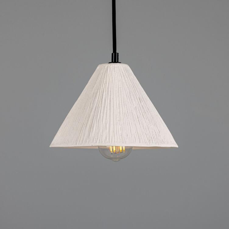 Tilia Organic Ceramic Cone Pendant Light 24cm, Matte White Striped, Powder-Coated Matte Black