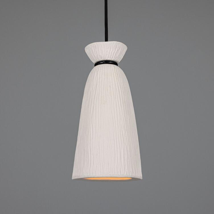 Pando Organic Ceramic Pendant Light 14cm, Matte White Striped, Powder-Coated Matte Black