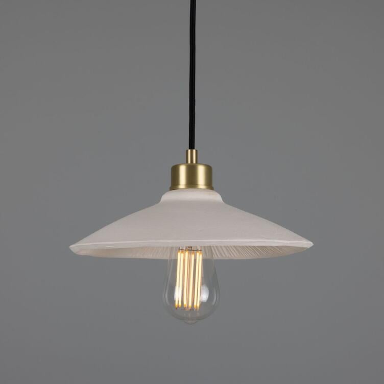 Pyrus Organic Ceramic Pendant Light 11", Matte White Striped, Satin Brass