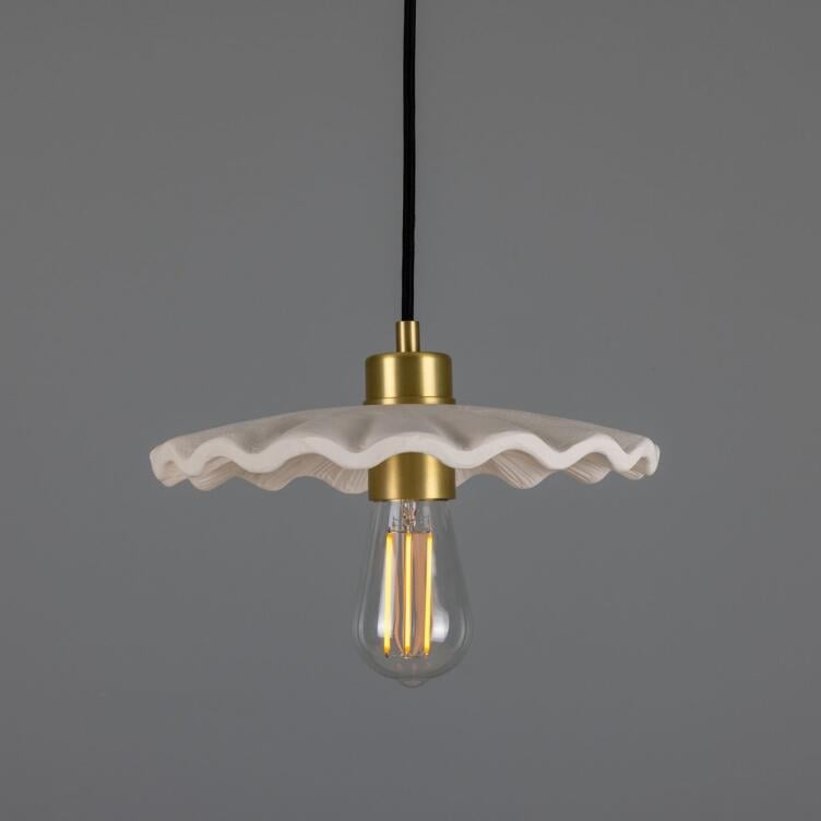 Kapok Organic Ceramic Pendant Light 27cm, Matte White Striped, Satin Brass