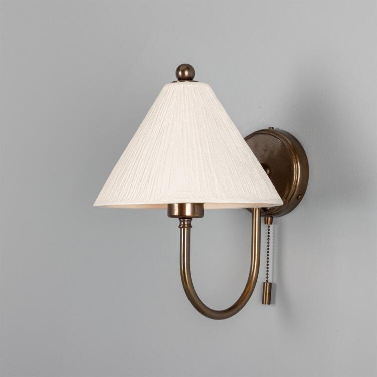 Tilia Organic Ceramic Cone Wall Light 24cm, Matte White Striped, Antique Brass