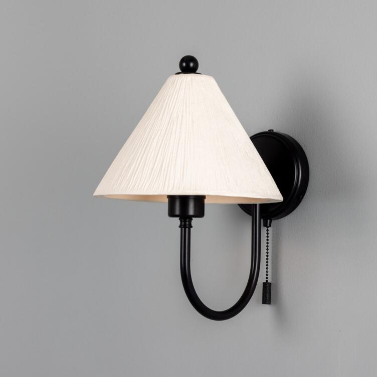 Tilia Organic Ceramic Cone Wall Sconce 9.4", Matte White Striped, Powder-Coated Matte Black