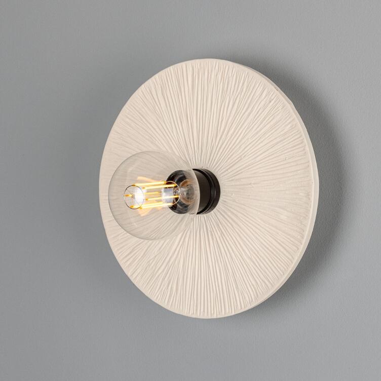 Bog Oak Organic Ceramic Disc Wall Sconce, Matte White Striped, Powder-Coated Matte Black