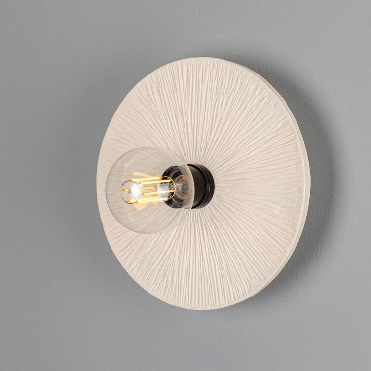 Bog Oak Organic Ceramic Disc Wall Light, Matte White Striped, Powder-Coated Matte Black