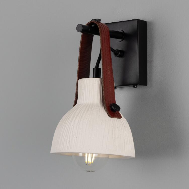 Nagi Organic Ceramic Wall Light with Rescued Fire-Hose Strap, Matte White Striped with Red Strap