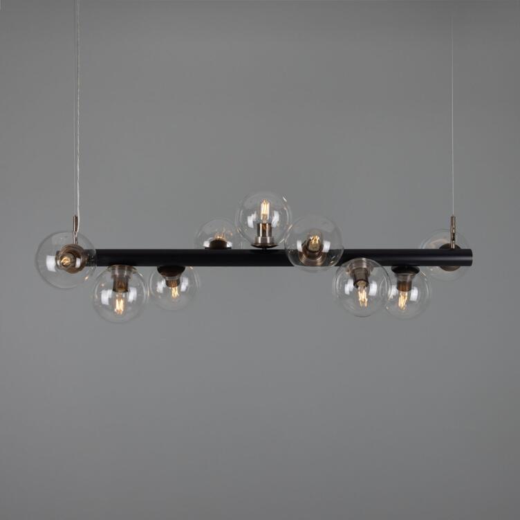 Moriarty Linear Island Pendant Light, Nine-Light, Powder-Coated Matte Black and Antique Brass with Clear Glass