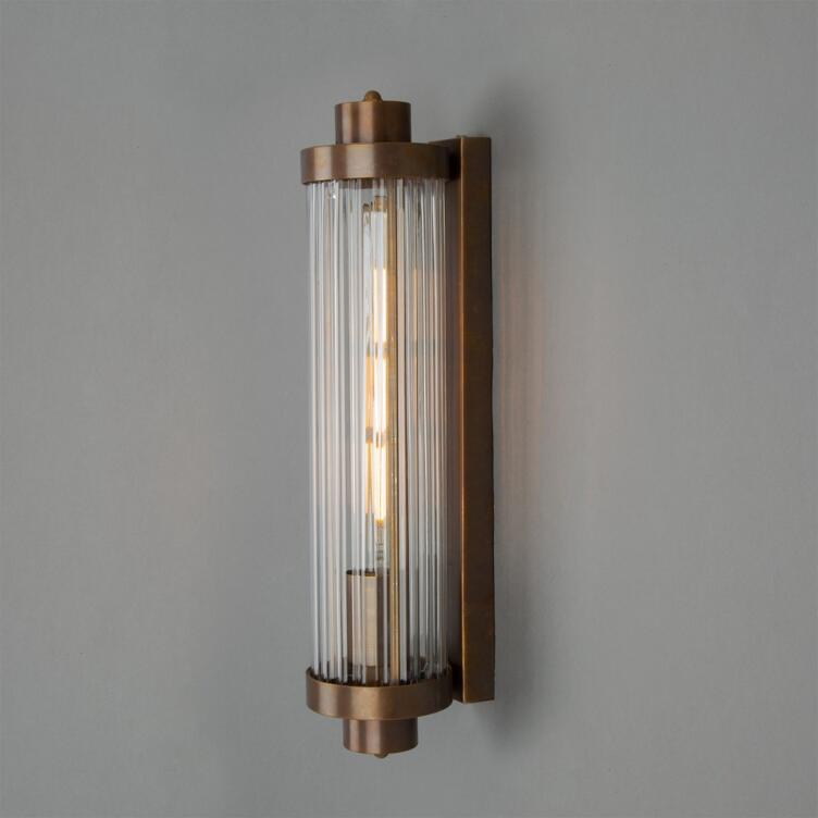 Louise Vintage Rippled Clear Glass and Brass Bathroom Wall Light 47cm IP44, Antique Brass