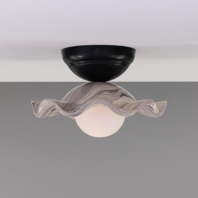 Rivale Ceiling Light with Wavy Marbled Ceramic Shade, Powder-Coated Matte Black Rivale Ceiling Light with Wavy Marbled Ceramic Shade, Powder-Coated Matte Black