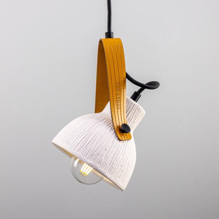 Pera Ceramic Pendant with Rescued Fire-Hose Strap, Matte White Striped, Powder-Coated Matte Black, Yellow Strap Pera Ceramic Pendant with Rescued Fire-Hose Strap, Matte White Striped, Powder-Coated Matte Black, Yellow Strap