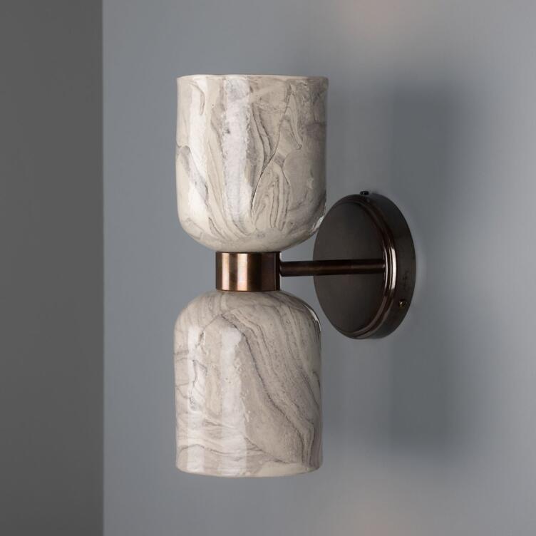 Sakura Marbled Ceramic and Brass Double Wall Sconce, Antique Brass