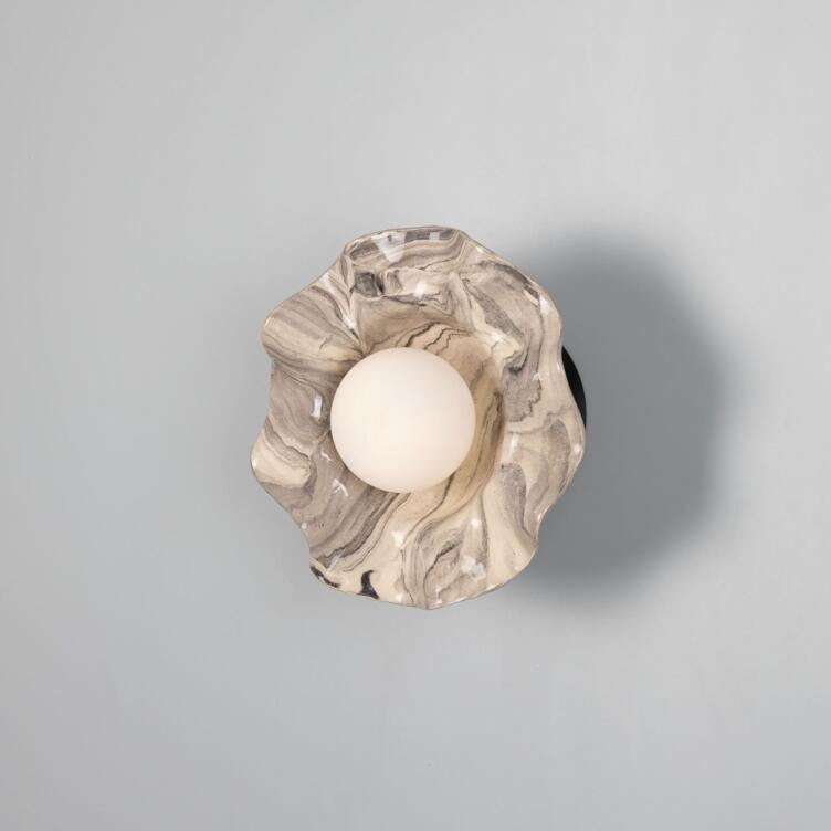 Rivale Wall Sconce with Wavy Marbled Ceramic Shade, Powder-Coated Matte Black Rivale Wall Sconce with Wavy Marbled Ceramic Shade, Powder-Coated Matte Black