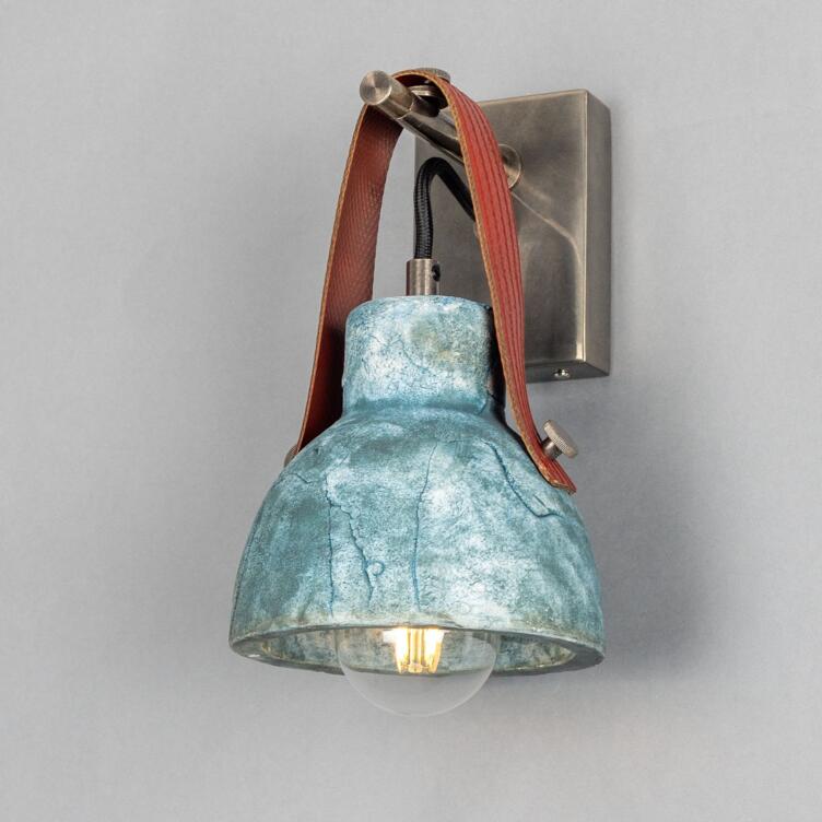 Nagi Organic Ceramic Wall Sconce with Rescued Fire-Hose Strap, Blue Earth, Antique Silver with Red Rescued Fire-Hose Strap Nagi Organic Ceramic Wall Sconce with Rescued Fire-Hose Strap, Blue Earth, Antique Silver with Red Rescued Fire-Hose Strap