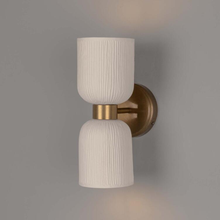 Sakura Double Ceramic and Brass Wall Sconce, Matte White Striped 12.25" IP20 Sakura Double Ceramic and Brass Wall Sconce, Matte White Striped 12.25" IP20