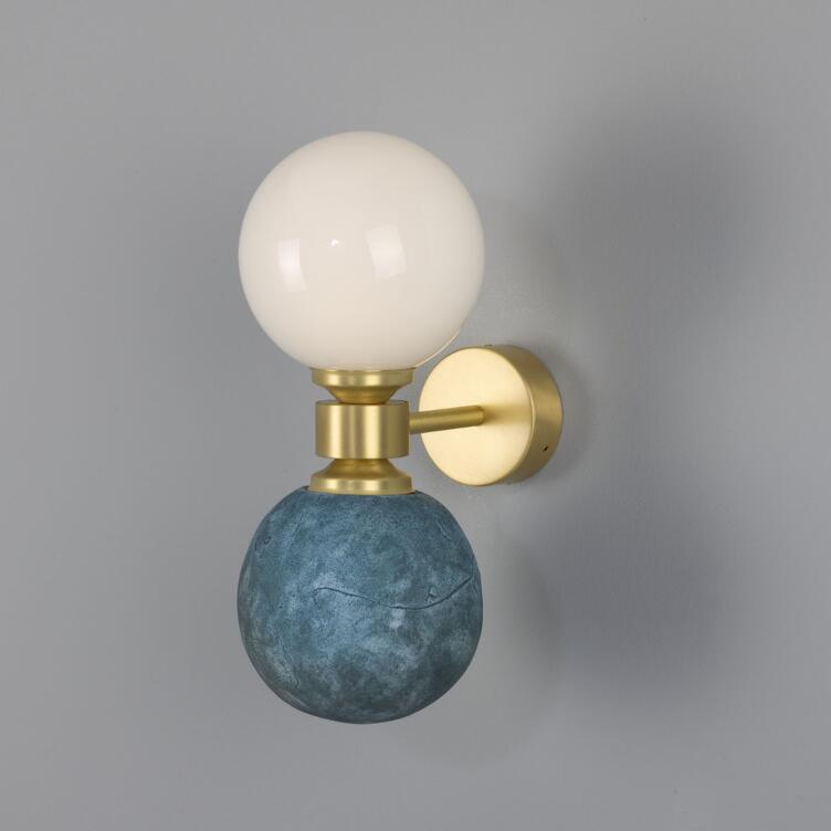 Kobe Ceramic and Glass Globe Wall Sconce, Blue Earth, Satin Brass Kobe Ceramic and Glass Globe Wall Sconce, Blue Earth, Satin Brass