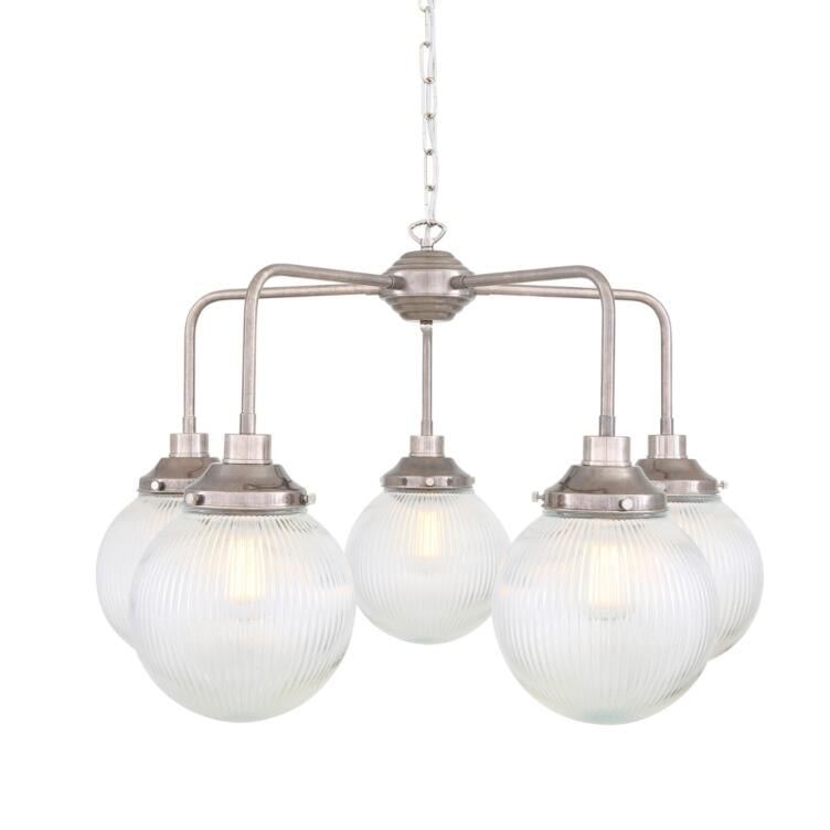 Genoa Prismatic Glass Chandelier, Five-Light, Antique Silver