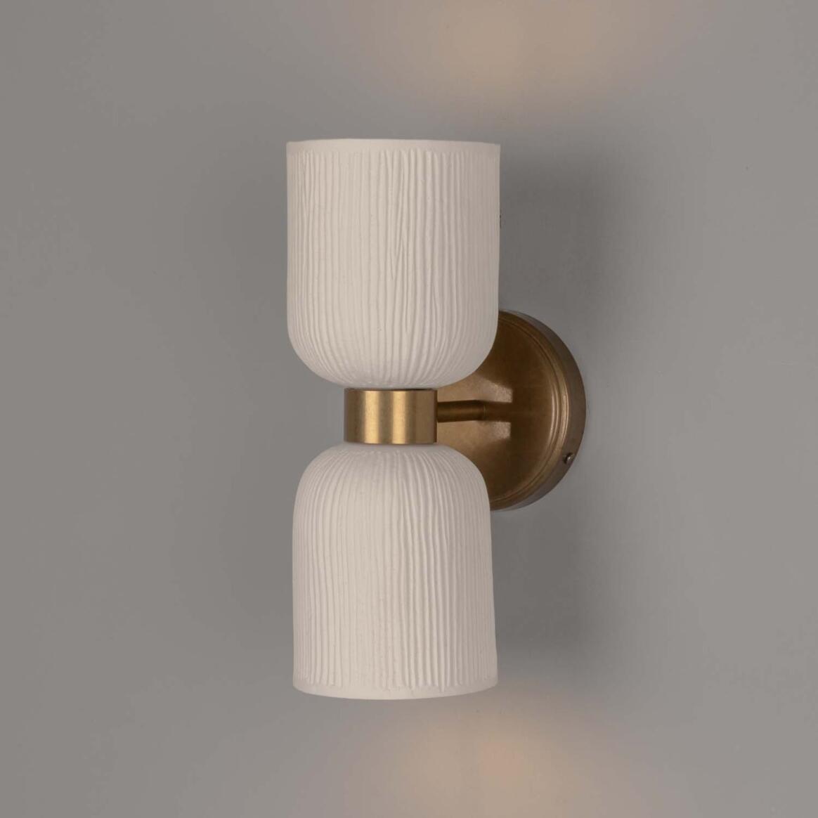 Sakura Double Ceramic and Brass Wall Sconce, Matte White Striped 12.25" IP20 main product image