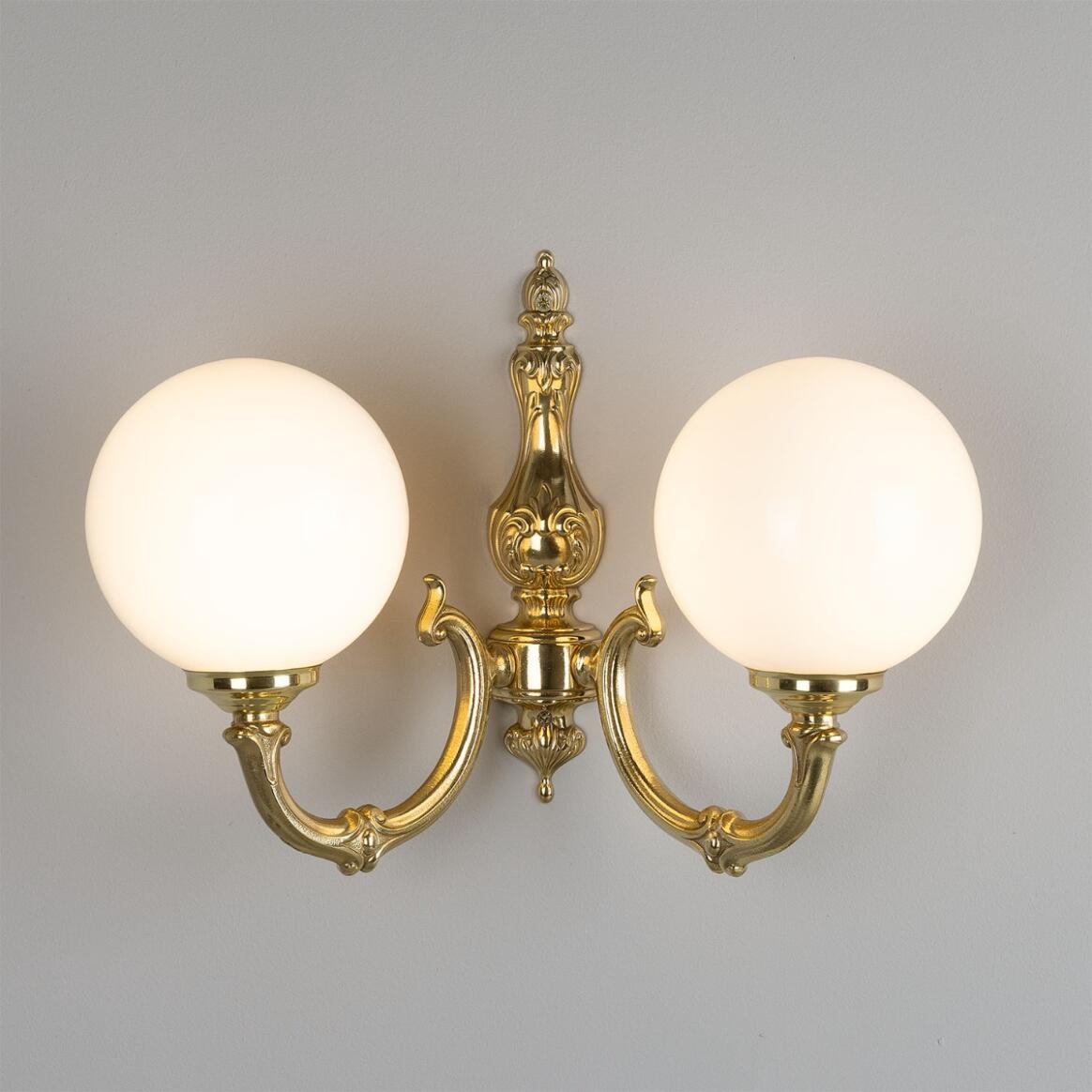Ben Two-Arm Ornate Brass Wall Light with Opal Glass Globes 33cm IP20 main product image