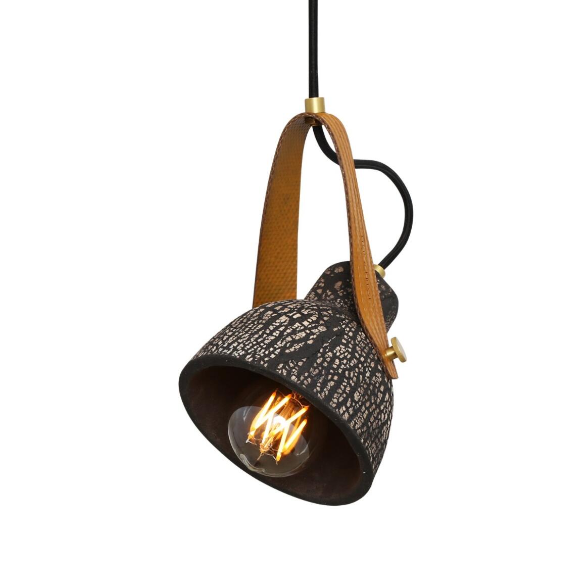 Pera Ceramic Pendant with Rescued Fire-Hose Strap, Black Clay main product image