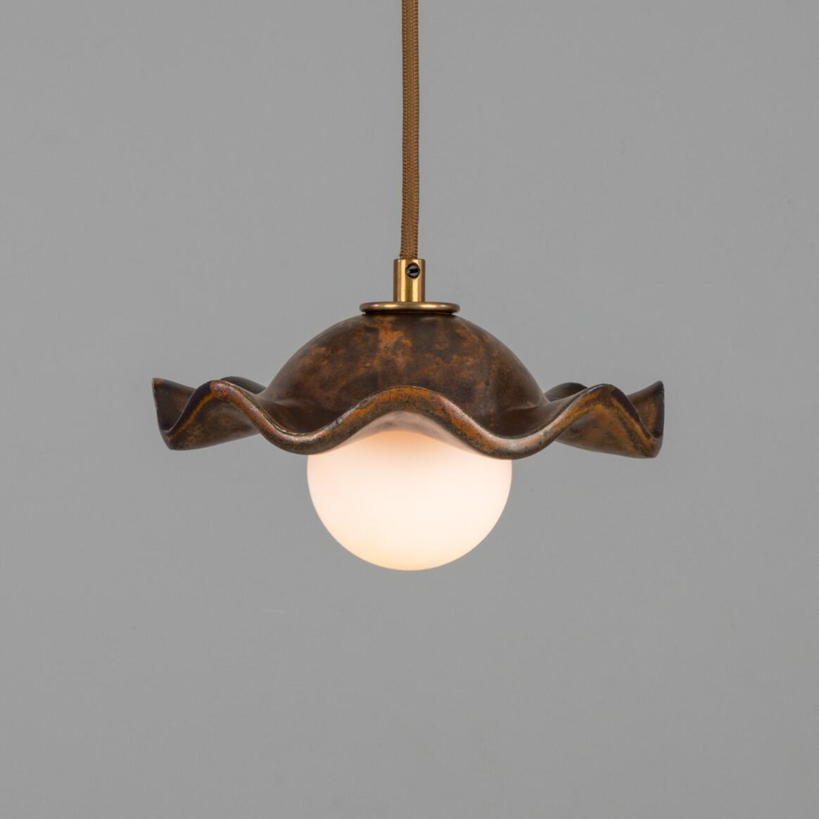 Rivale Pendant Light with Wavy Ceramic Shade, Rust Iron 8.25