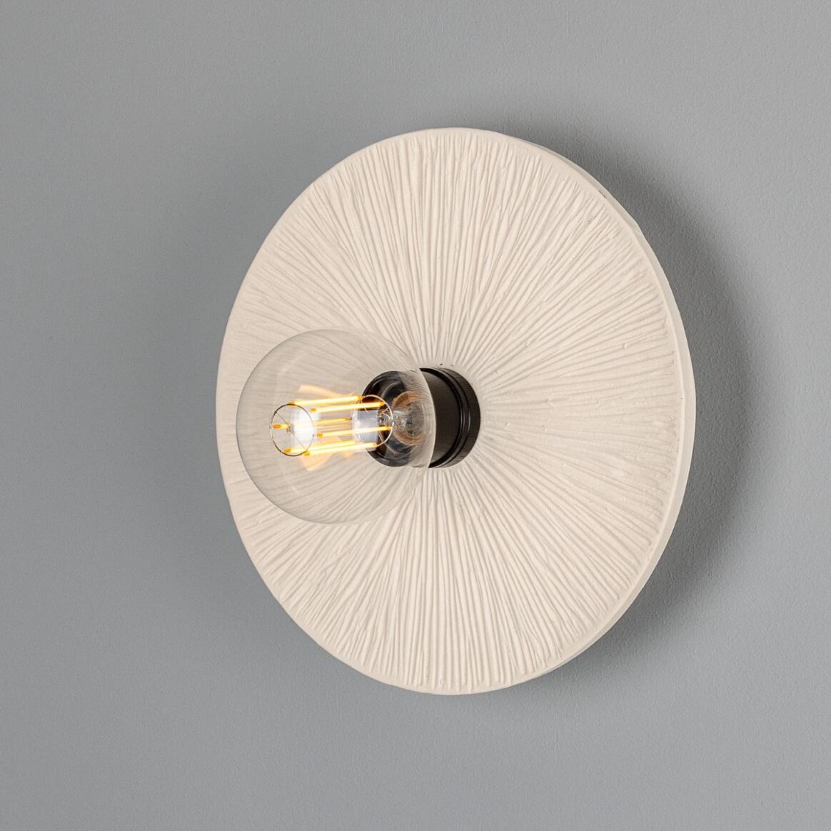 Bog Oak Organic Ceramic Disc Wall Light, Matte White Striped main product image