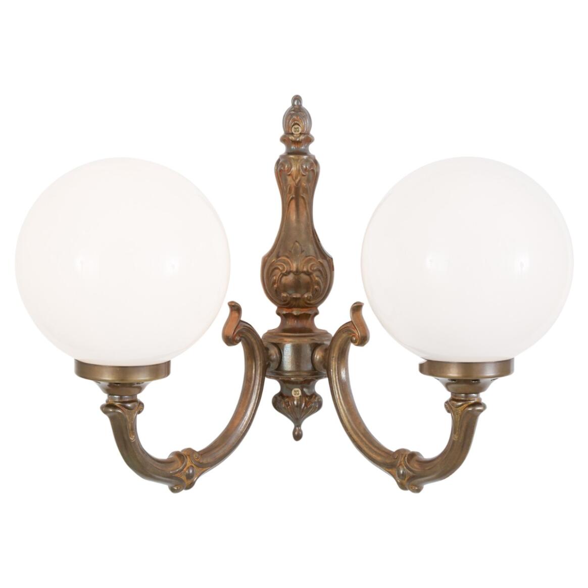 Ben Two-Arm Ornate Brass Wall Light with Opal Glass Globes main product image