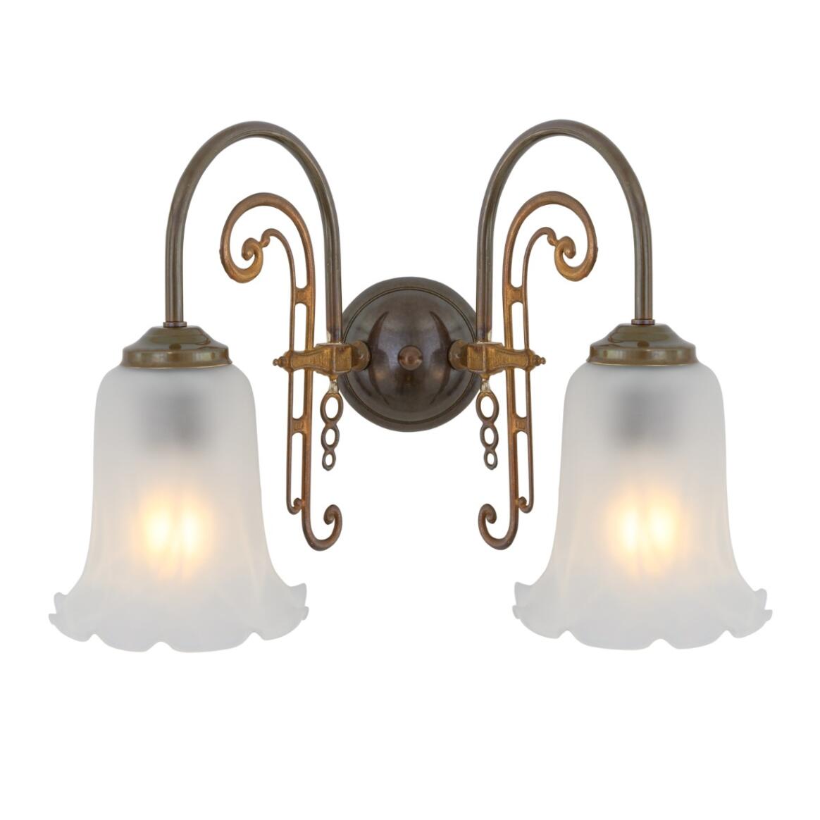 Medan Two-Arm Ornate Brass Wall Light with Etched Glass Shades main product image