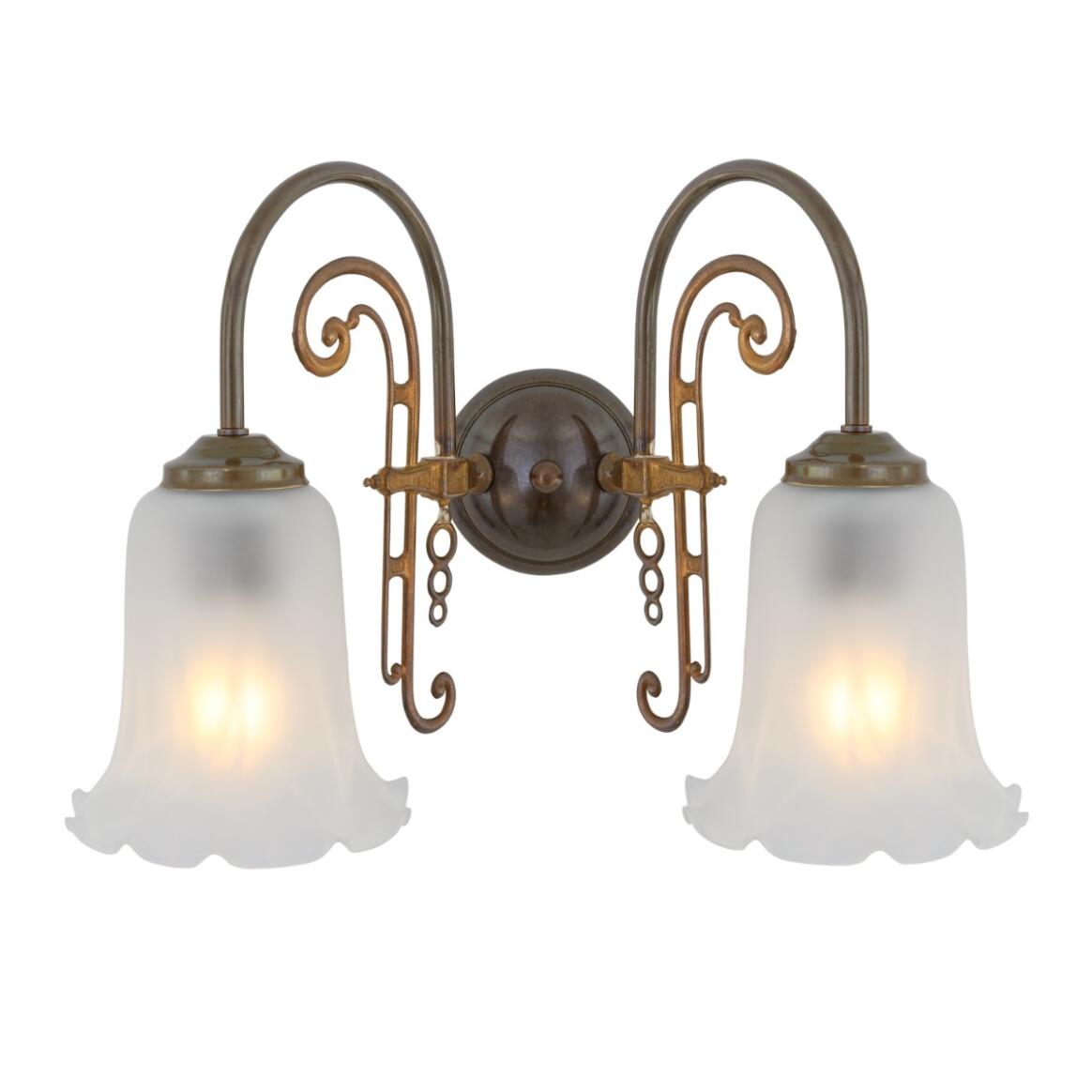 Medan Two-Arm Ornate Brass Wall Sconce with Etched Glass Shades main product image