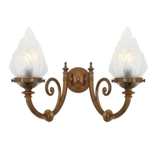 Darwin Two-Arm Wall Light with Flame Glass Shades, Antique Brass