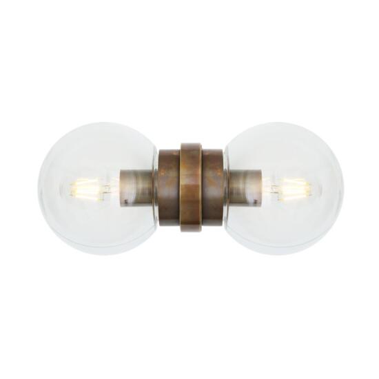 Eske Double Clear / Opal Glass Globe Wall Light, Antique Brass