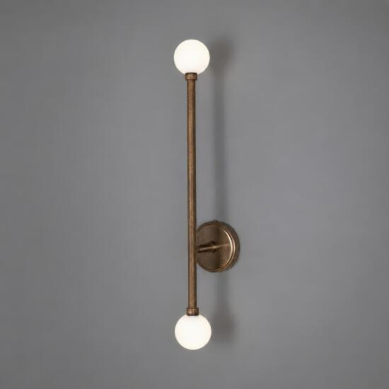 Gunning Double Globe Slim Bathroom Wall Light 71cm IP44, Antique Brass