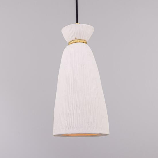 Parva Ceramic Bathroom Pendant Light 14cm, Matte White Striped IP44, Satin Brass