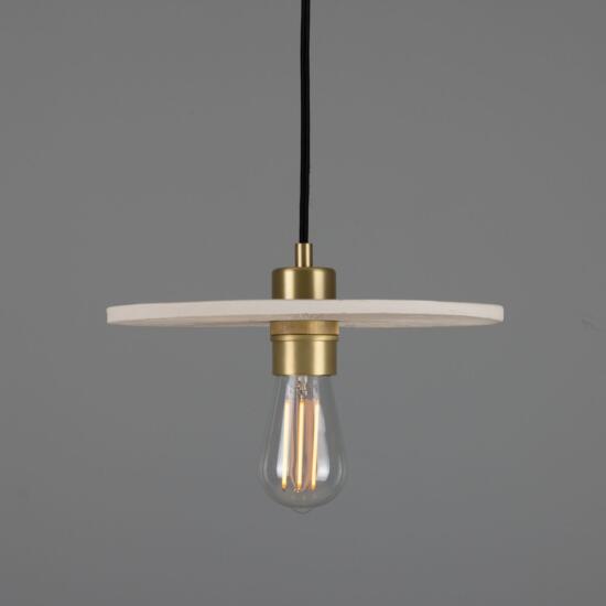 Bog Oak Organic Ceramic Disc Pendant Light, Matte White Striped, Satin Brass