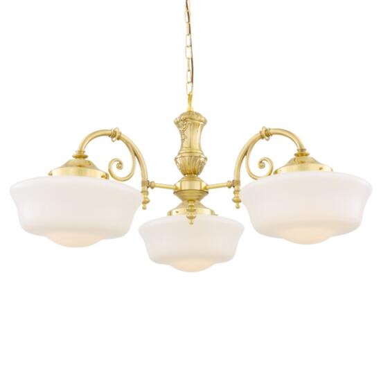 Clones three-arm 1920's schoolhouse chandelier,
Polished Brass,